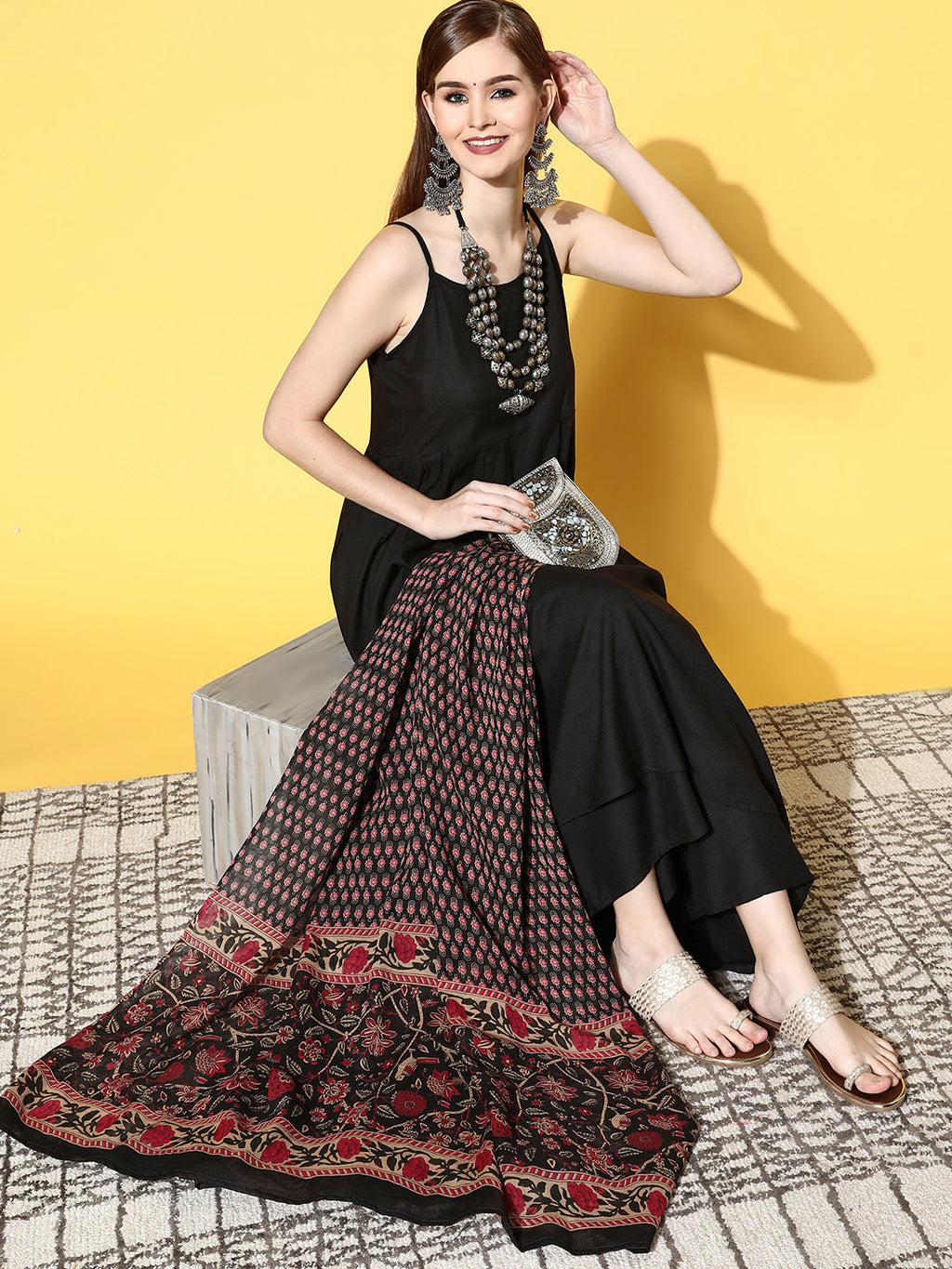InWeave Women's Strappy Set With Black Pink Ethnic Print Cotton Dupatta