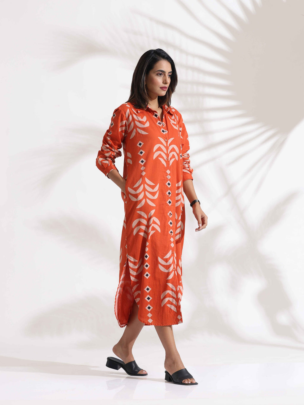 trueBrowns Orange Cotton Print Shirt Dress - Distacart