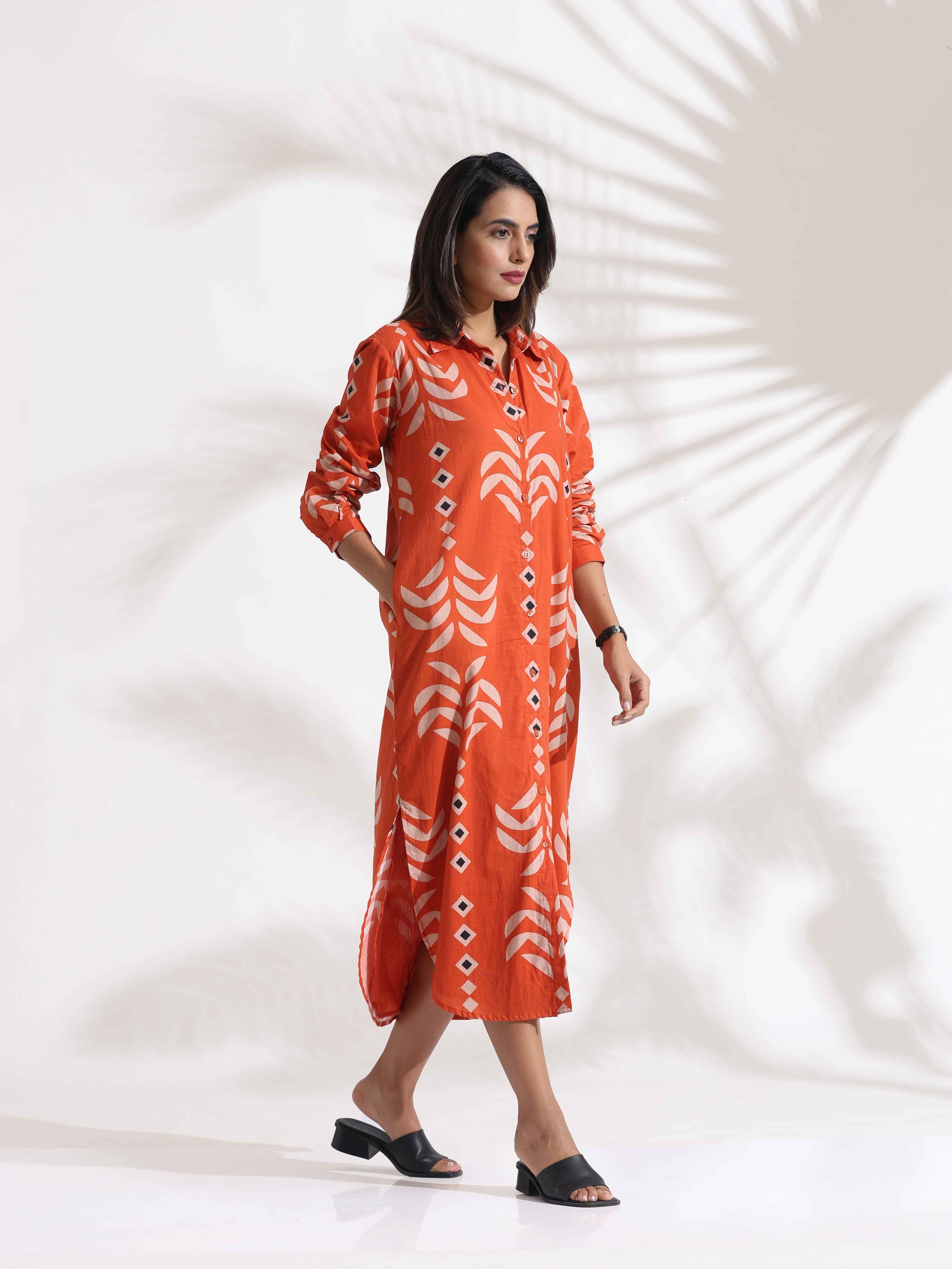 trueBrowns Orange Cotton Print Shirt Dress - Distacart