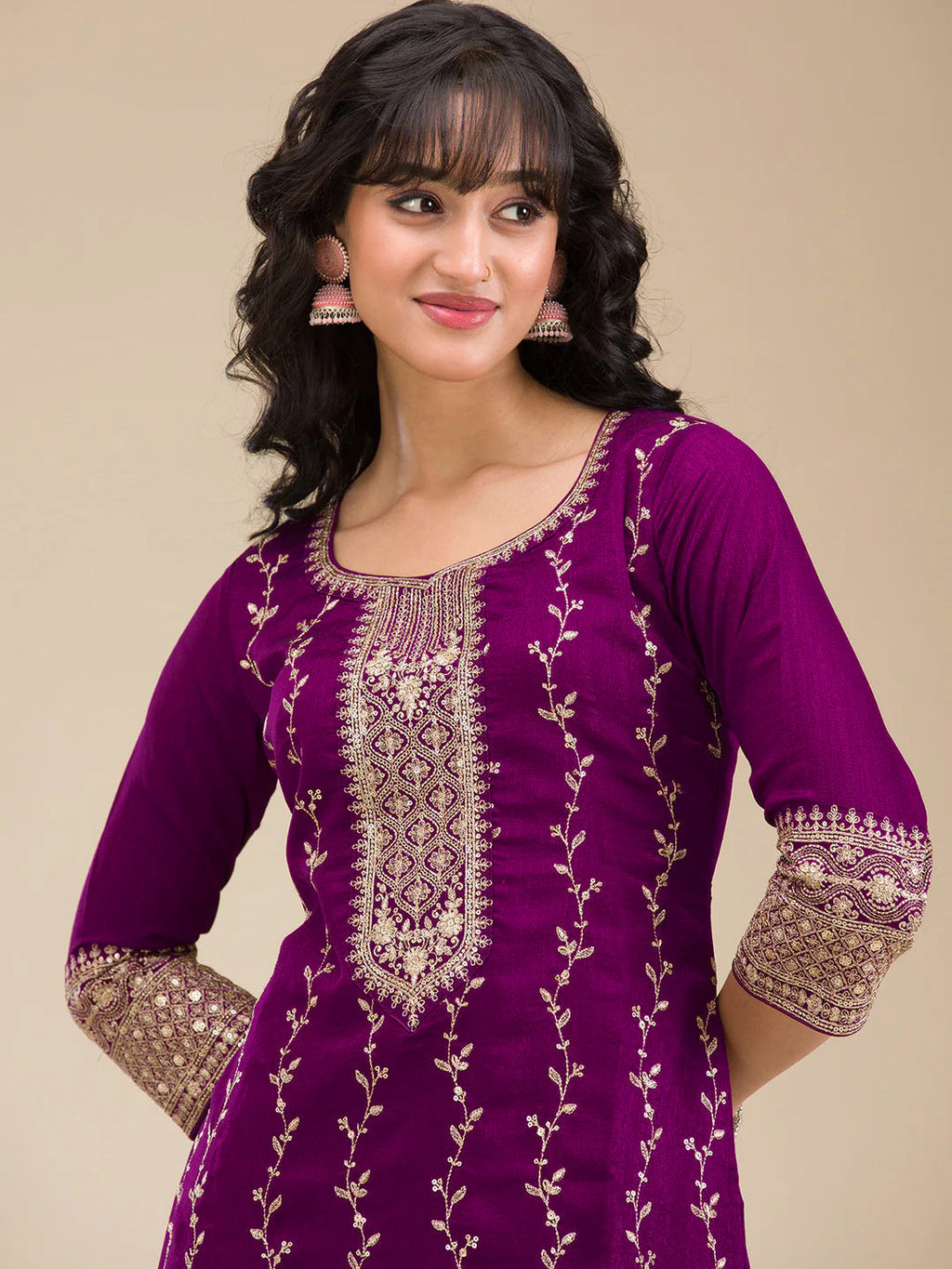 The52 Beautiful Embroidered Vichitra Silk Fabric Straight Kurta, Palazzo and Dupatta Set - Distacart