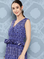 InWeave Women's Blue Floral Paisley Print Long Frill Dress - Distacart