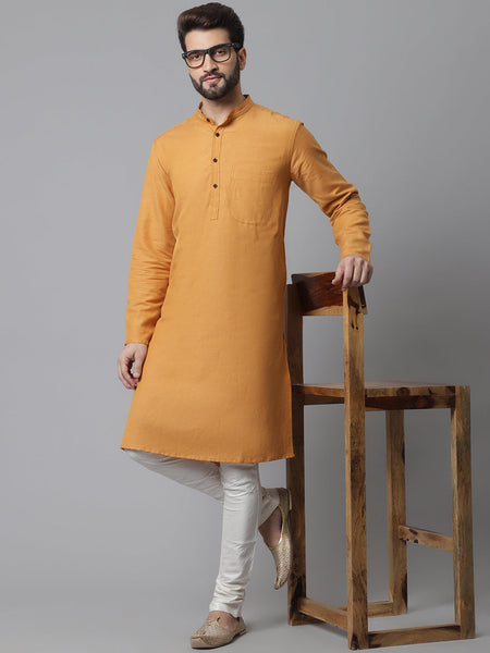Even Apparels Yellow Solid Kurta With Band Collar