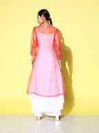 InWeave Women's Cream Strappy Kurta Set With Pink Organza Cape