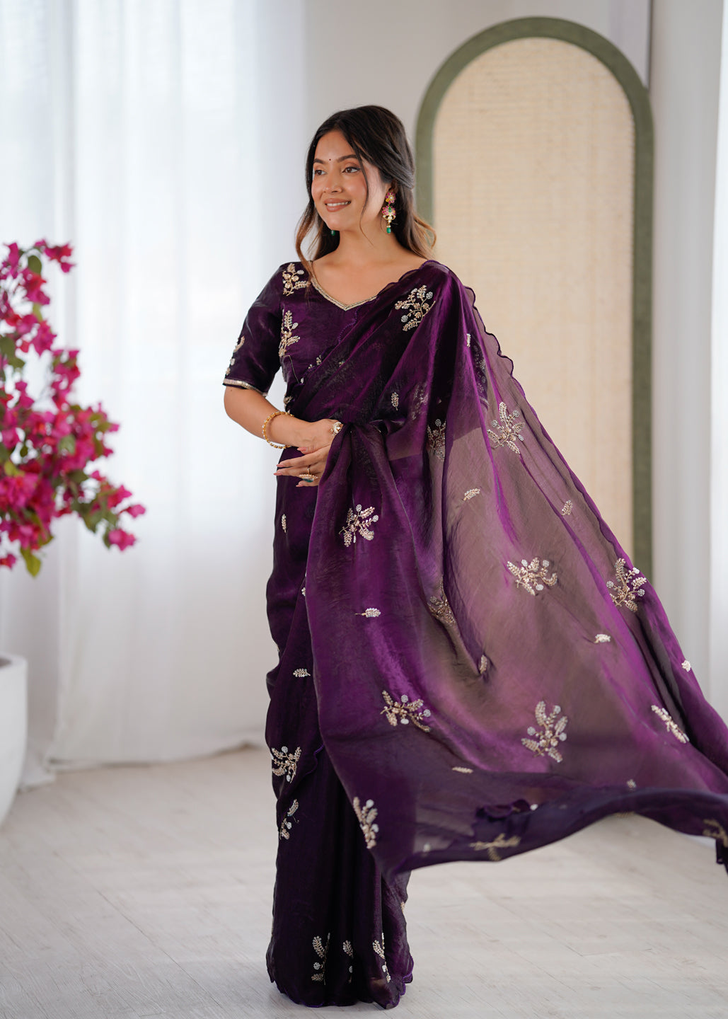 Evanik Designer Heavy Fendy Satin With Beads Embroidered Work Saree With Unstitched Blouse - Distacart