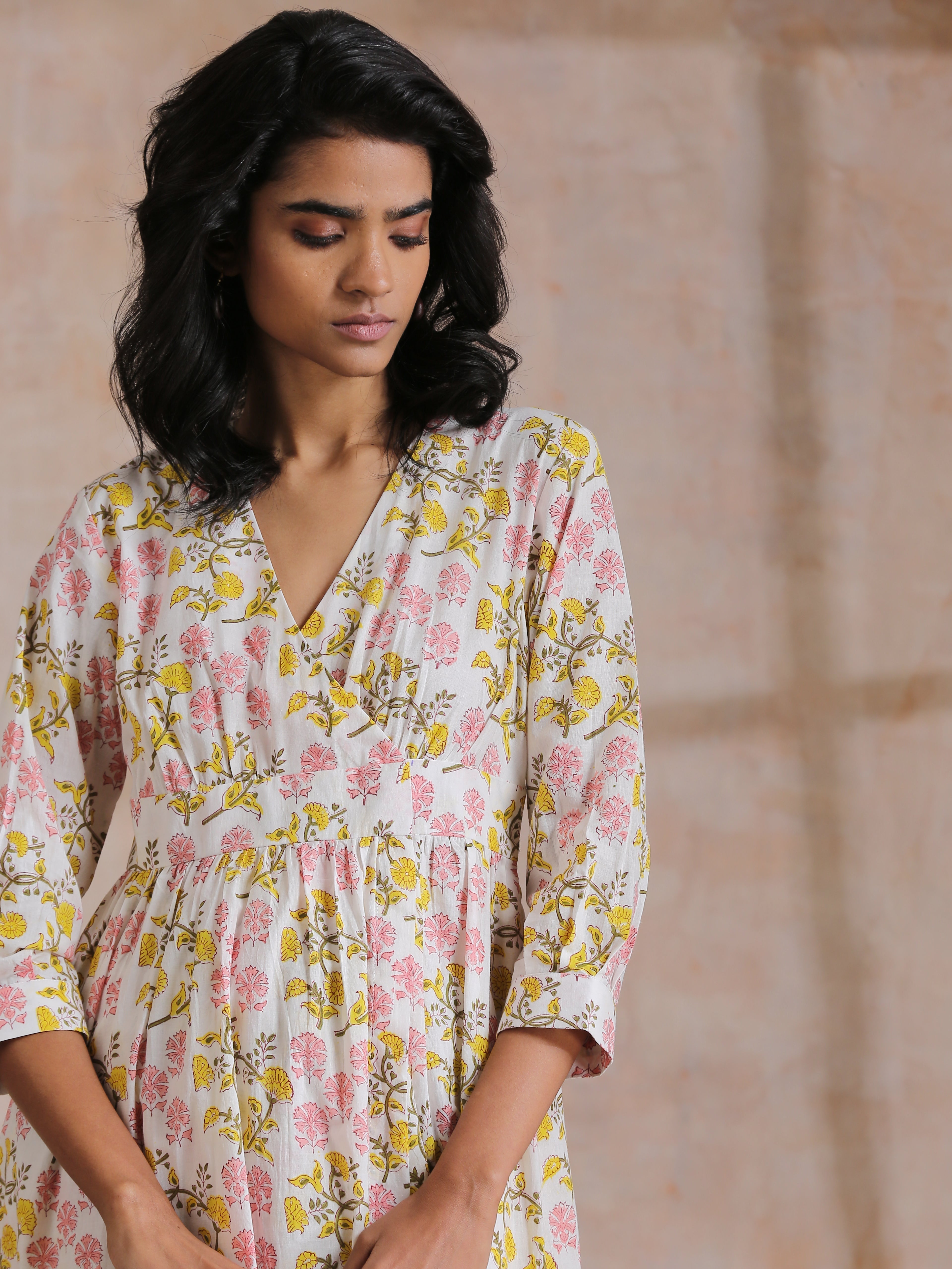 trueBrowns Pink Yellow Floral On White Block Print Cotton Wrap Dress | Relove - Distacart