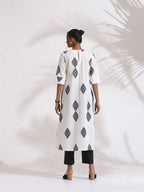 trueBrowns White Cotton Print Pleated Kurta Set - Distacart