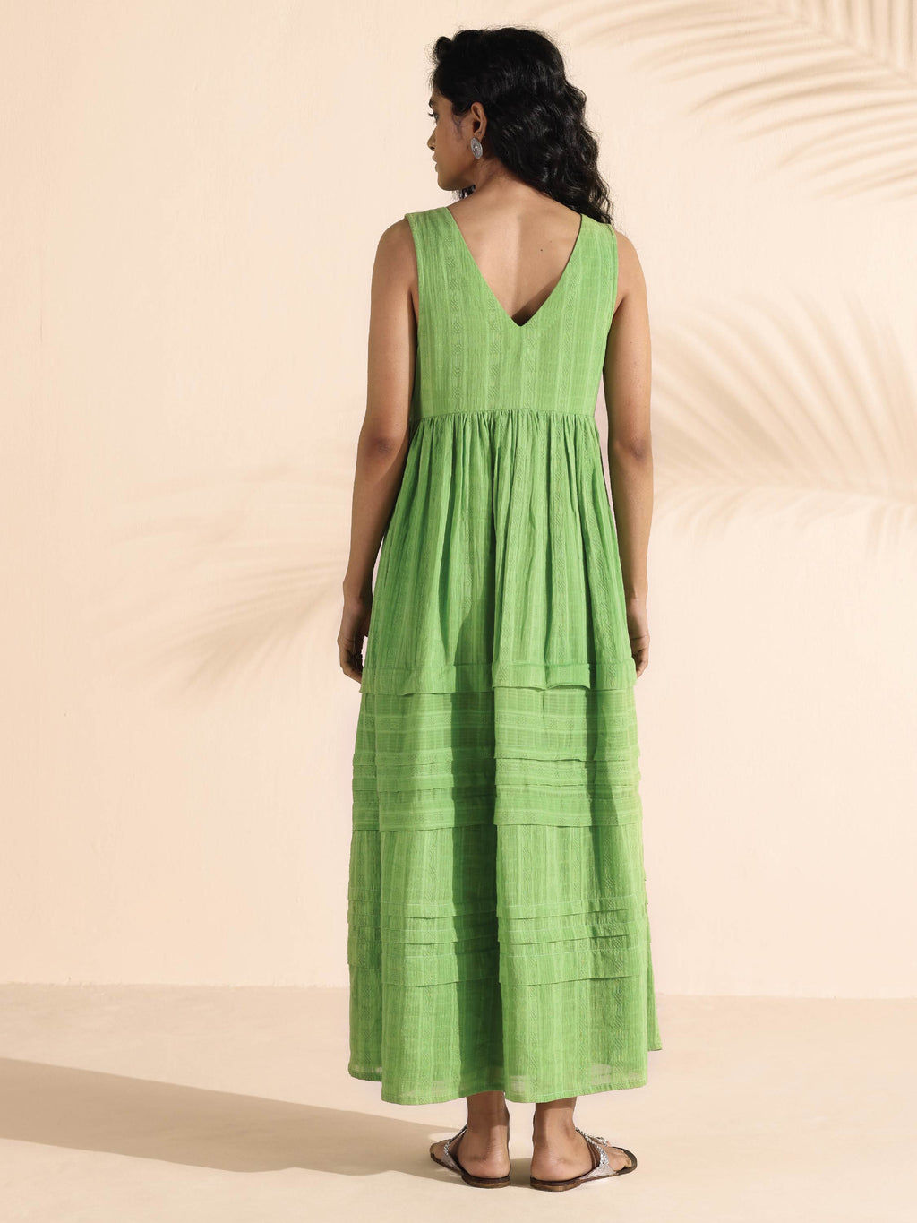 trueBrowns Green Cotton Dobby Yoke Dress - Distacart