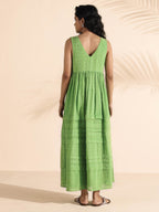 trueBrowns Green Cotton Dobby Yoke Dress - Distacart