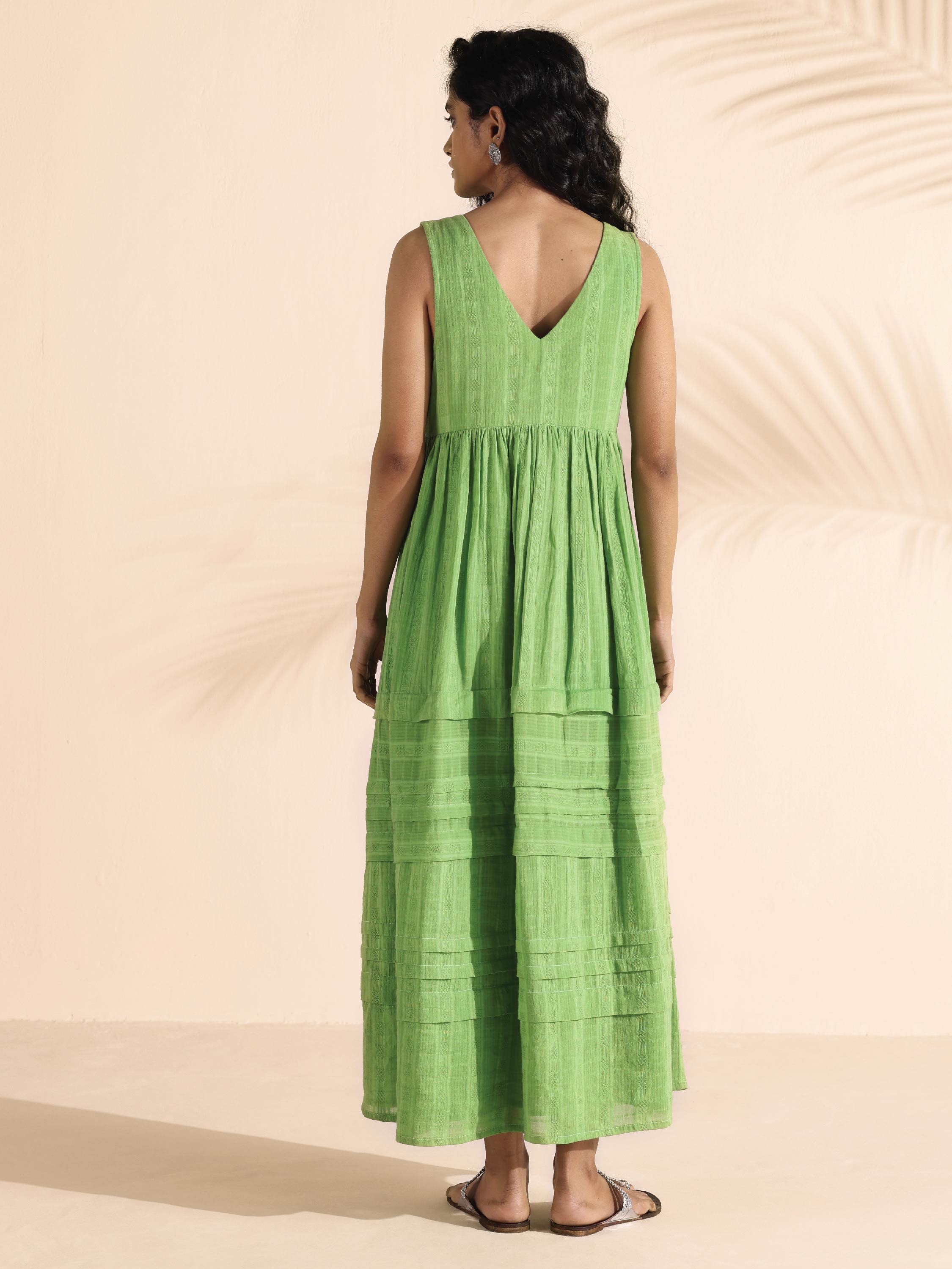 trueBrowns Green Cotton Dobby Yoke Dress - Distacart