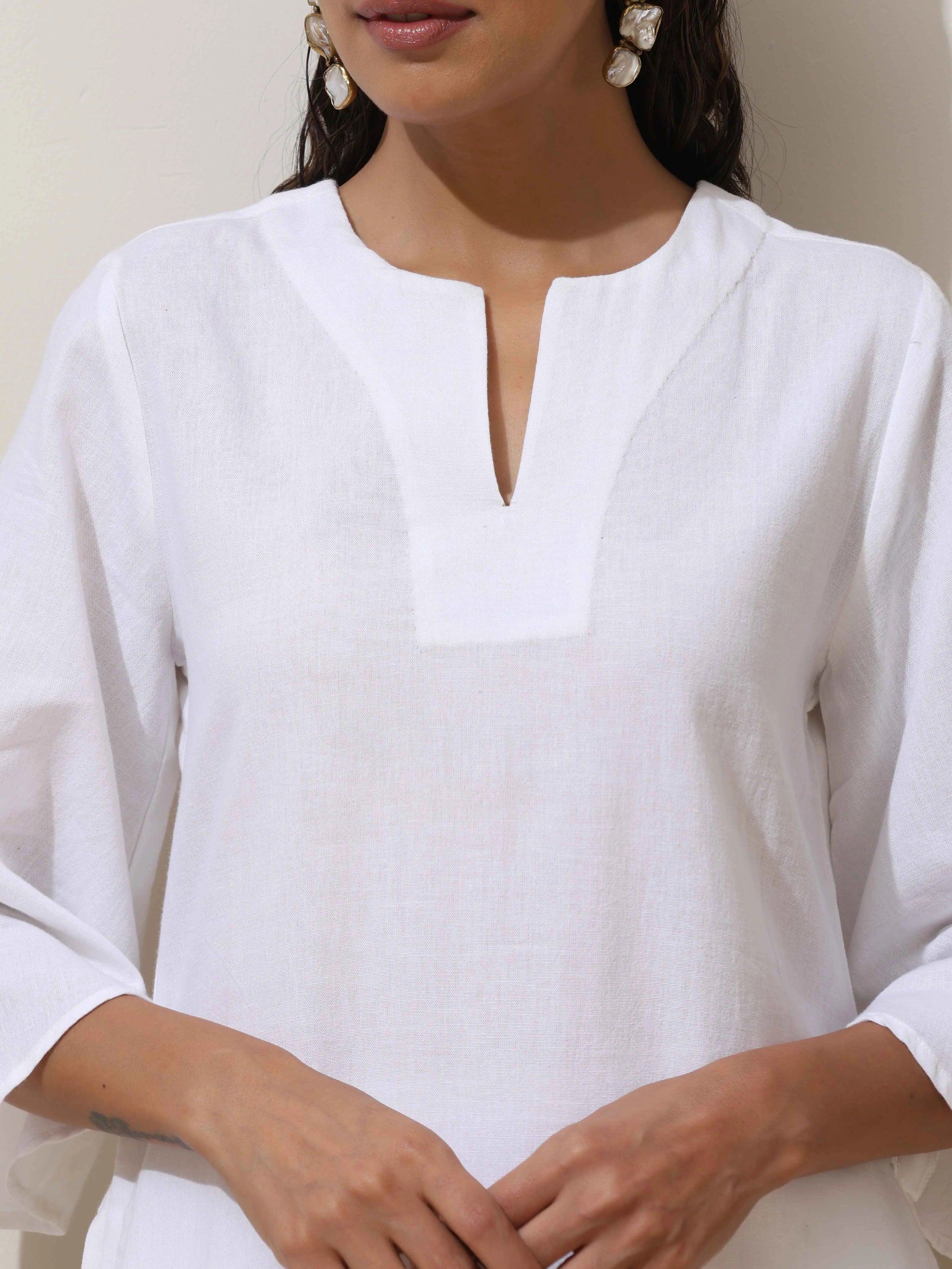 trueBrowns White Cotton Linen Kurta Pant Set - Distacart
