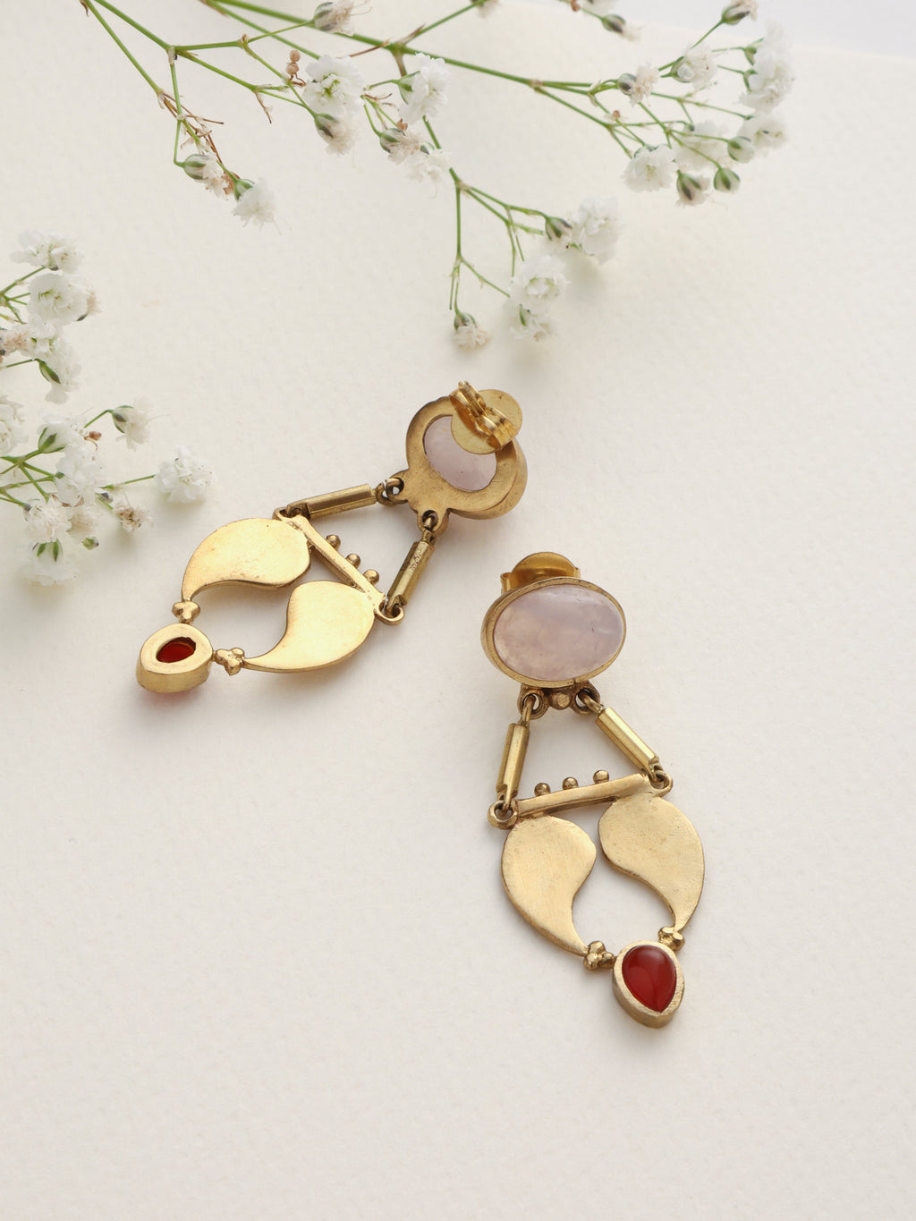 trueBrowns Brass Pink Stone Paisley Earrings - Distacart