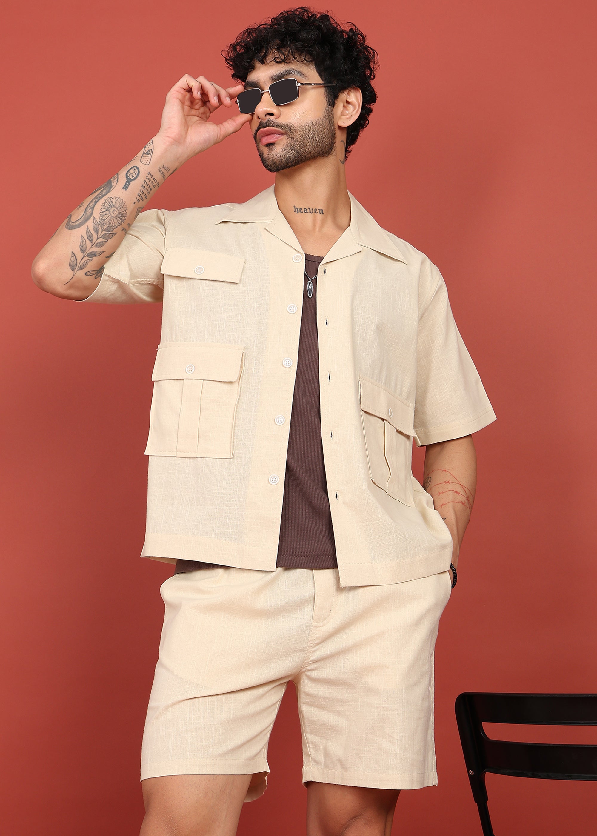 Fabmade Men Beige Cotton Linen Coort-Set Shorts