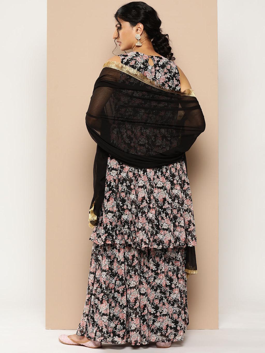 KSUT (House of Varanga) Black Printed Anarkali Kurta Paired With Sharara And Plain Tonal Dupatta