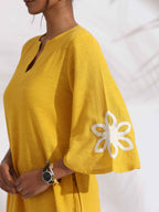 trueBrowns Yellow Cotton Slub Embroidered Straight Kurta Set - Distacart