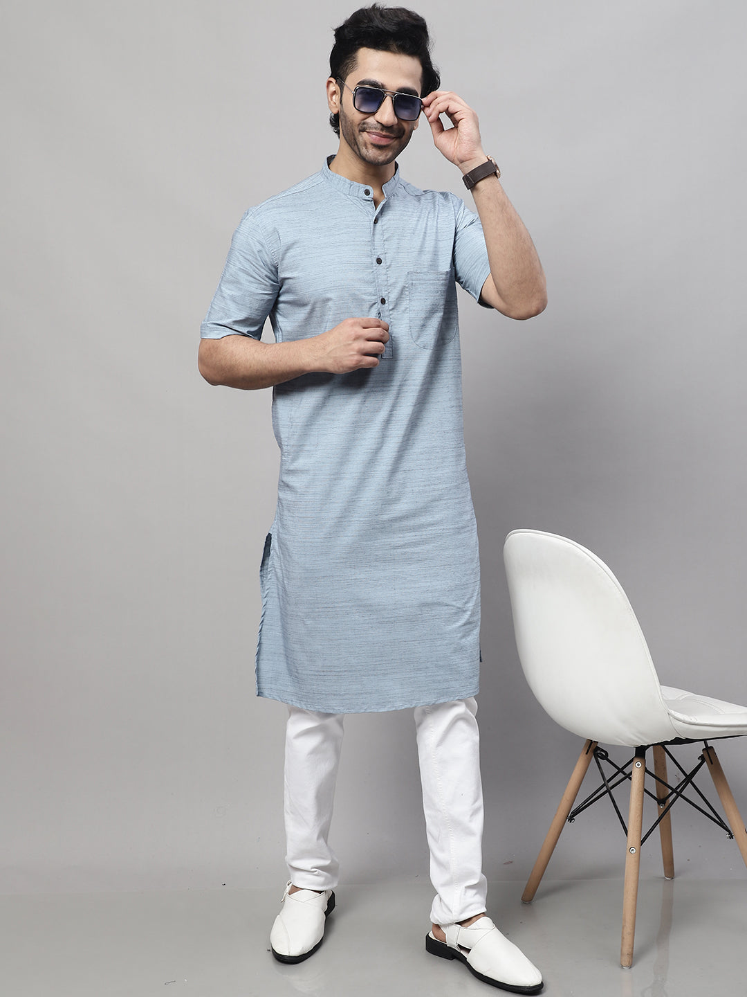 Even Apparels Blue Pure Cotton Kurta With Band Collar - Distacart
