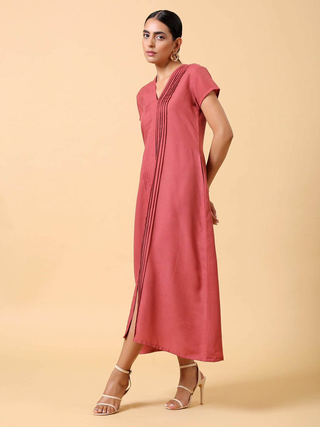 trueBrowns Cotton Linen Rust Red Pleated Dress - Distacart