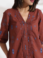 trueBrowns Brown Cotton Print pleated Dress - Distacart