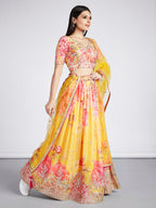 House of Panchhi Yellow Colour Organza Floral Design Digital Print Lehenga Choli & Dupatta