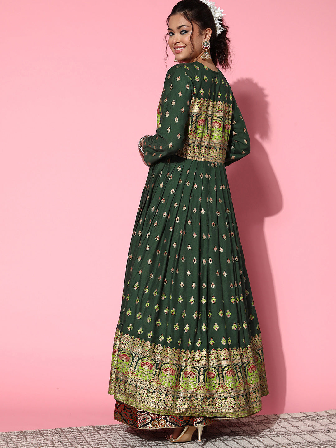 InWeave Women's Bottle Green Gold Border Anarkali Kurta - Distacart