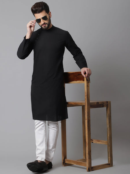 Even Apparels Black Solid Kurta With Band Collar