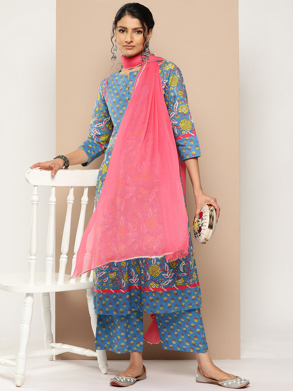 KSUT (House of Varanga) Blue Floral Printed Anarkali Kurta Paired With Printed Palazzo And Dupatta - Distacart