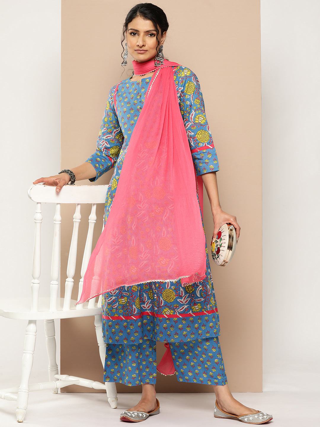 KSUT (House of Varanga) Blue Floral Printed Anarkali Kurta Paired With Printed Palazzo And Dupatta - Distacart