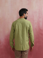 trueBrowns Men's Pista Green Cotton Mandarin Collar Stylized Kurta