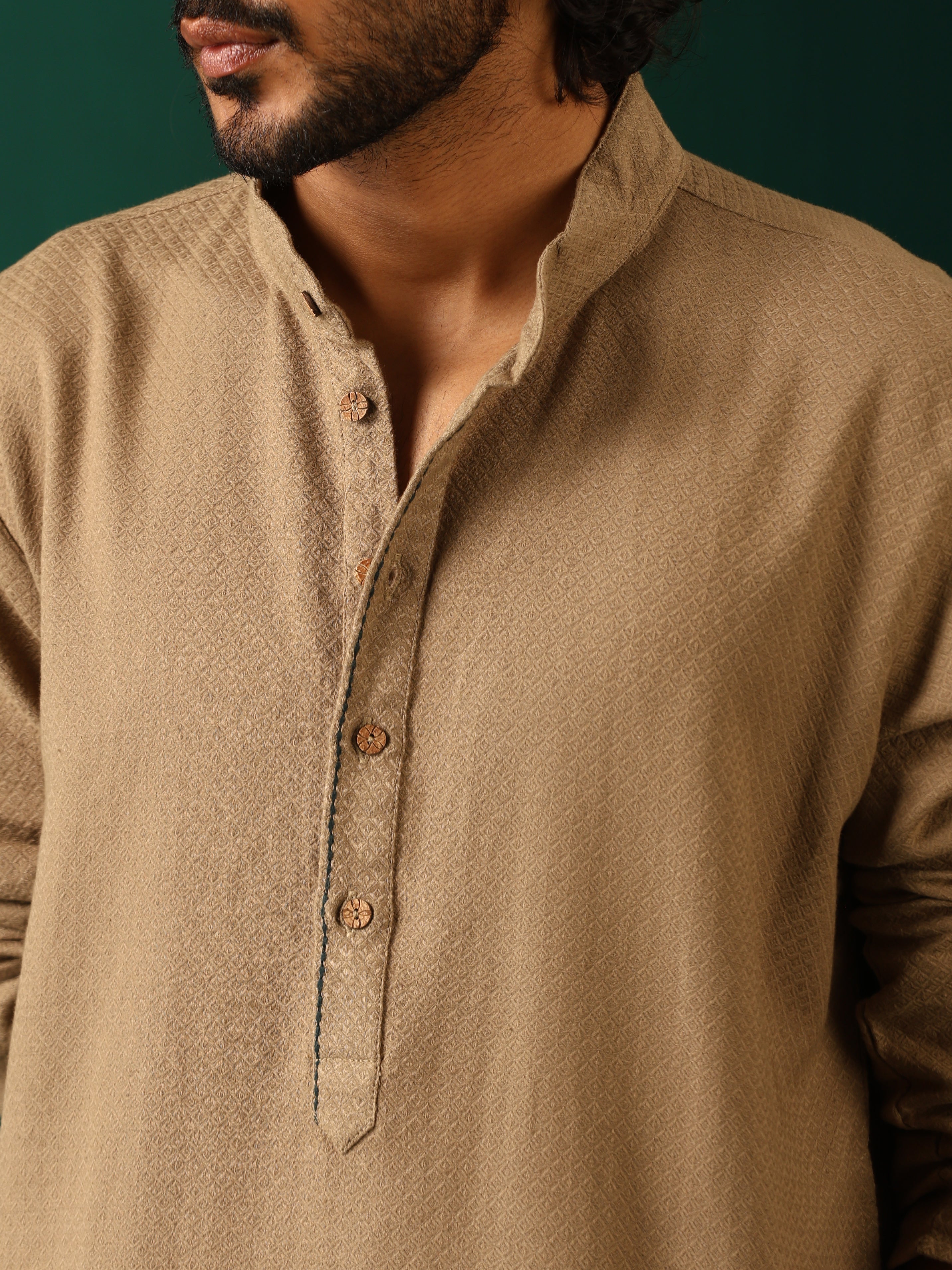 trueBrowns Men's Beige Dobby Textured Kurta