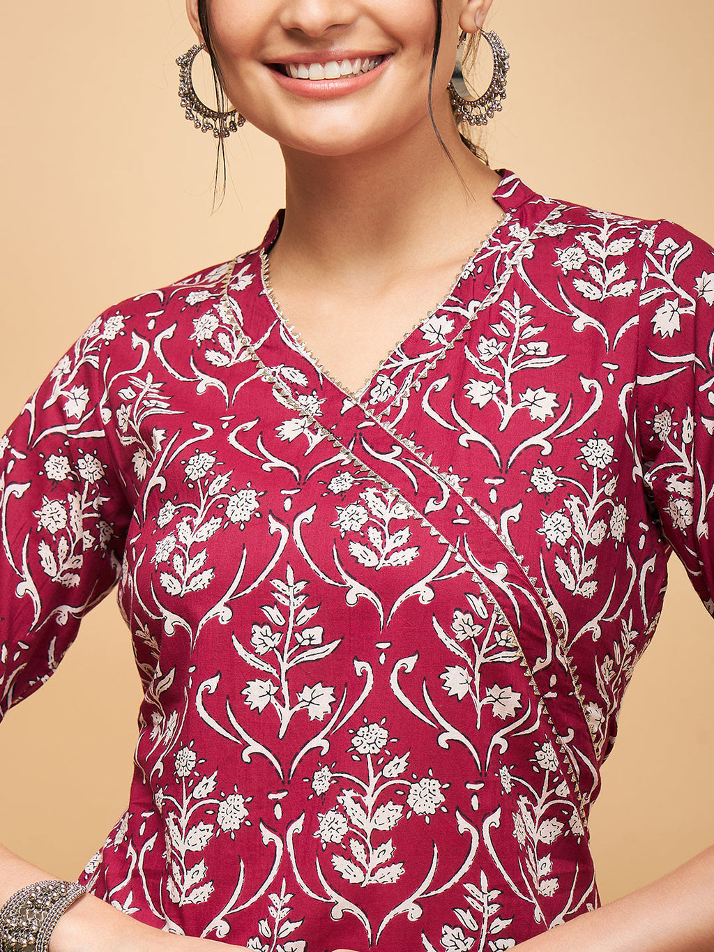 InWeave Women's Wine Floral Print Straight Angrakha Gota Kurta