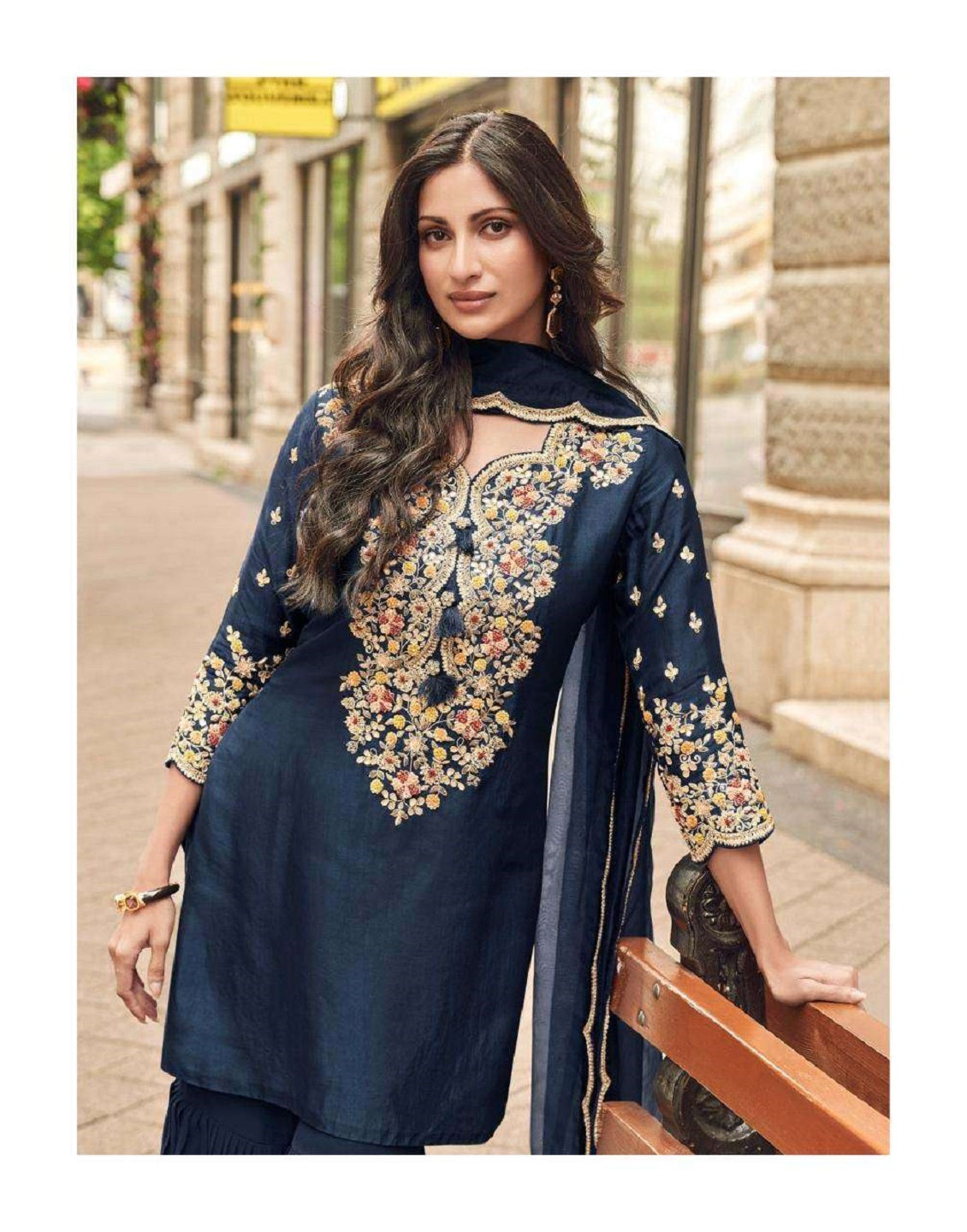 Evanik Women Navy Blue Floral Embroidered Kurta Sharara Dupatta Set - Distacart