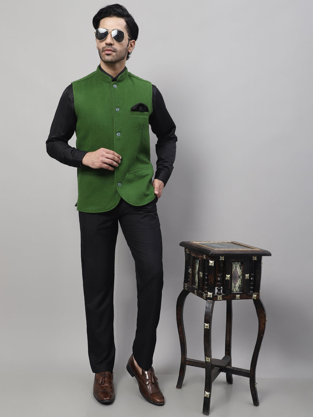 Even Apparels Men's Green Pure Wool Nehru Jacket