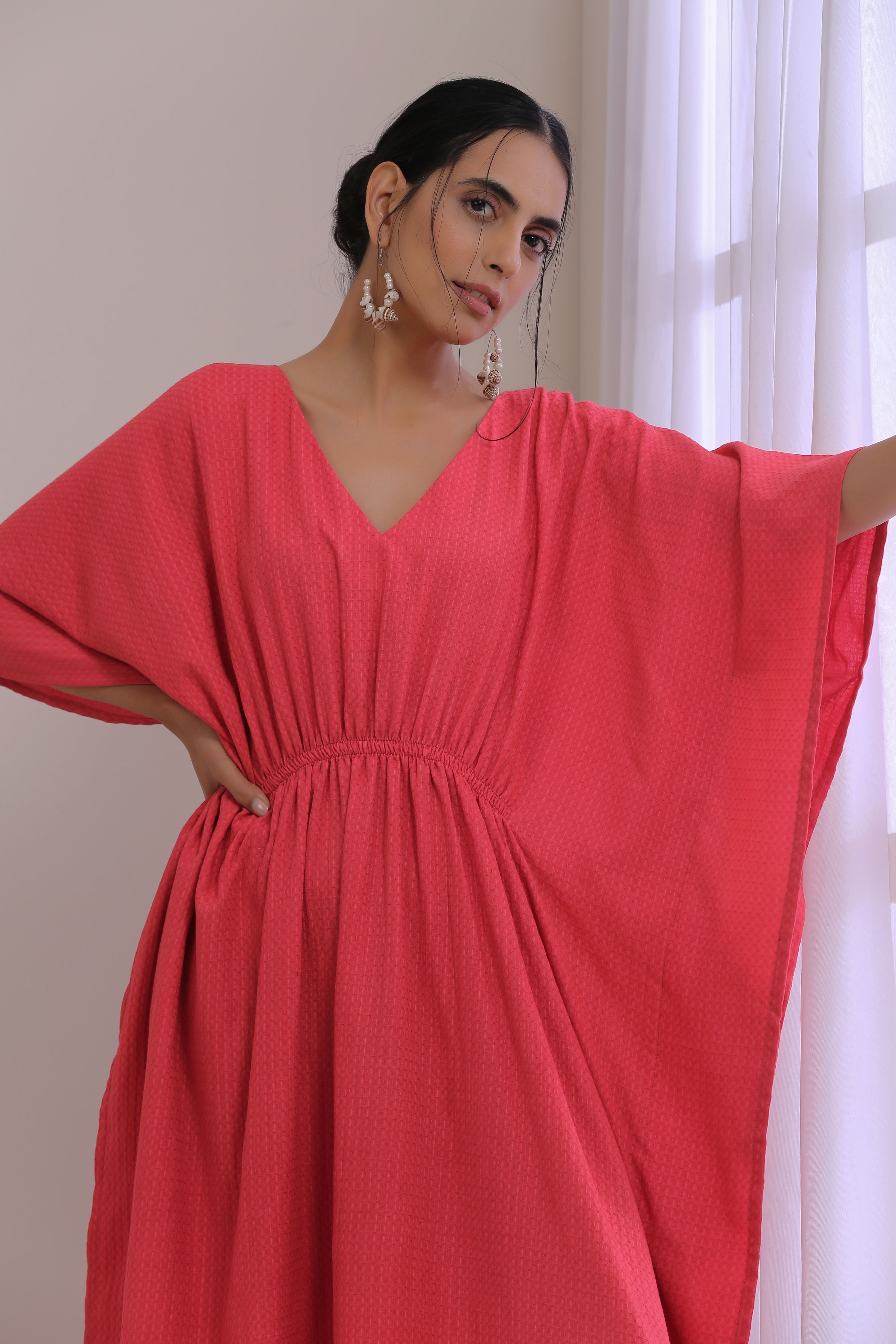 trueBrowns Bright Pink Dobby Kaftan Dress - Distacart