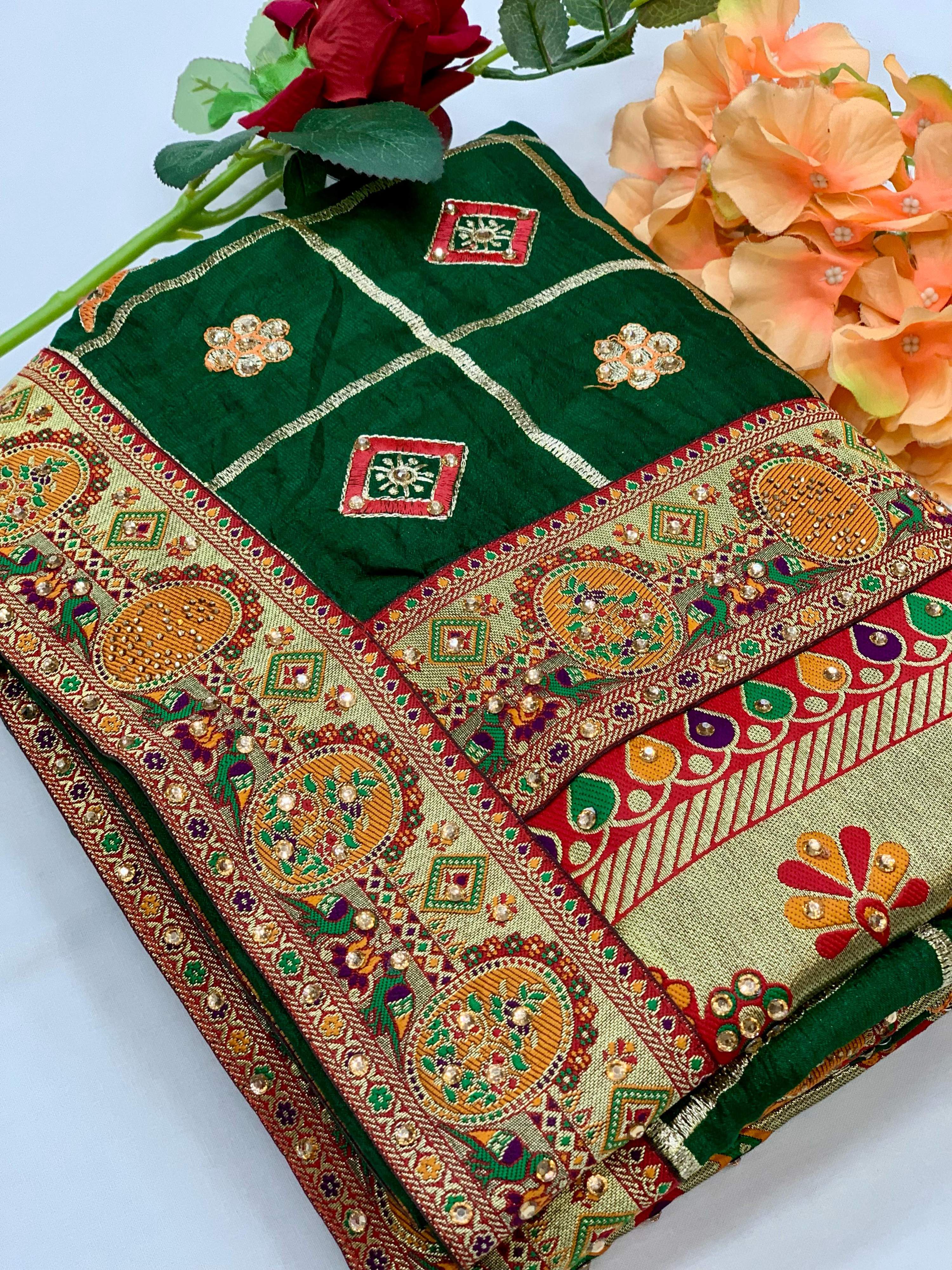Lorenvalley Fashion Premium Green Vichitra Silk Embroidery and Diamond work Both Side Saree