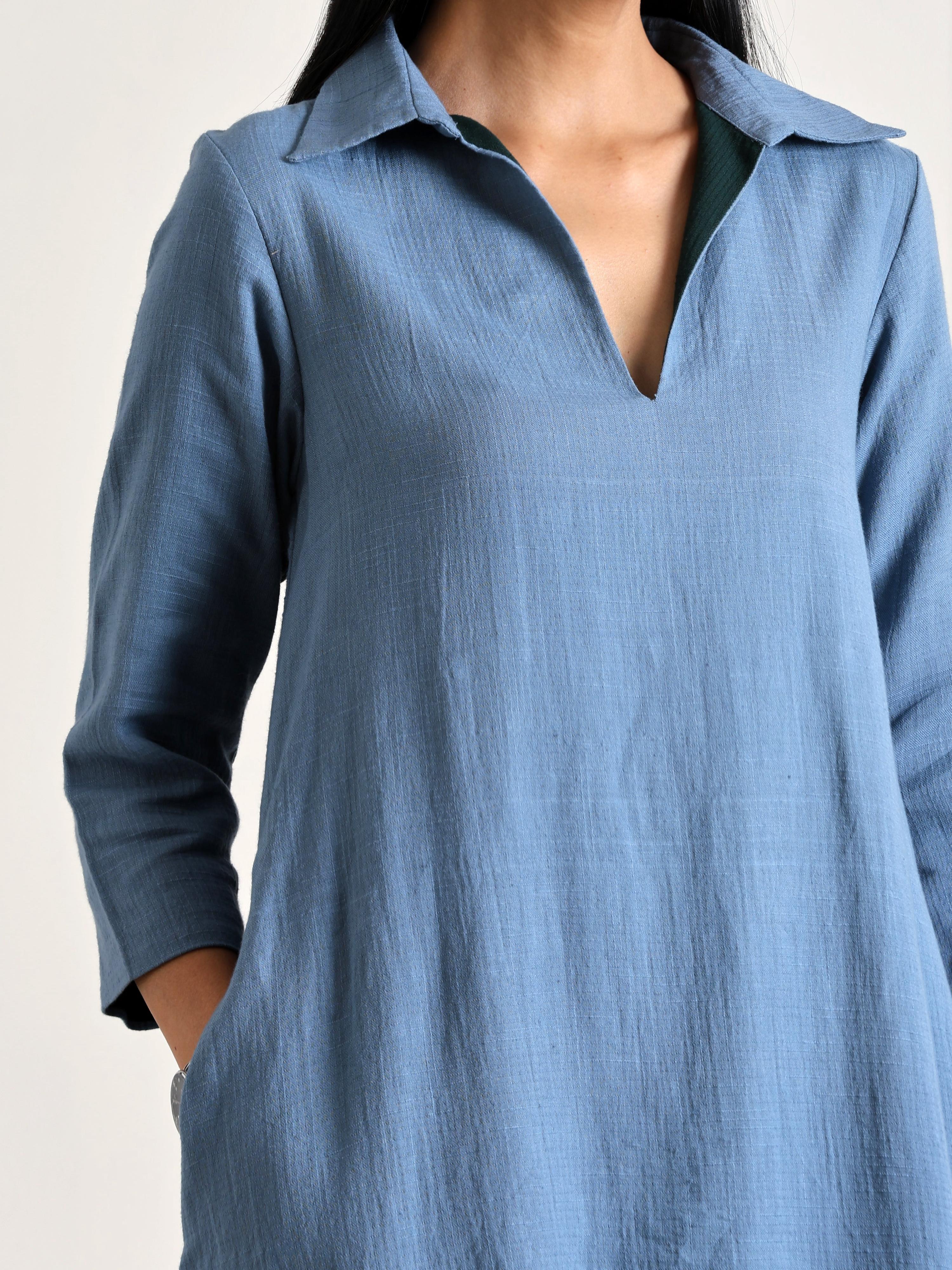 trueBrowns Light Blue Short Collared Dress - Distacart