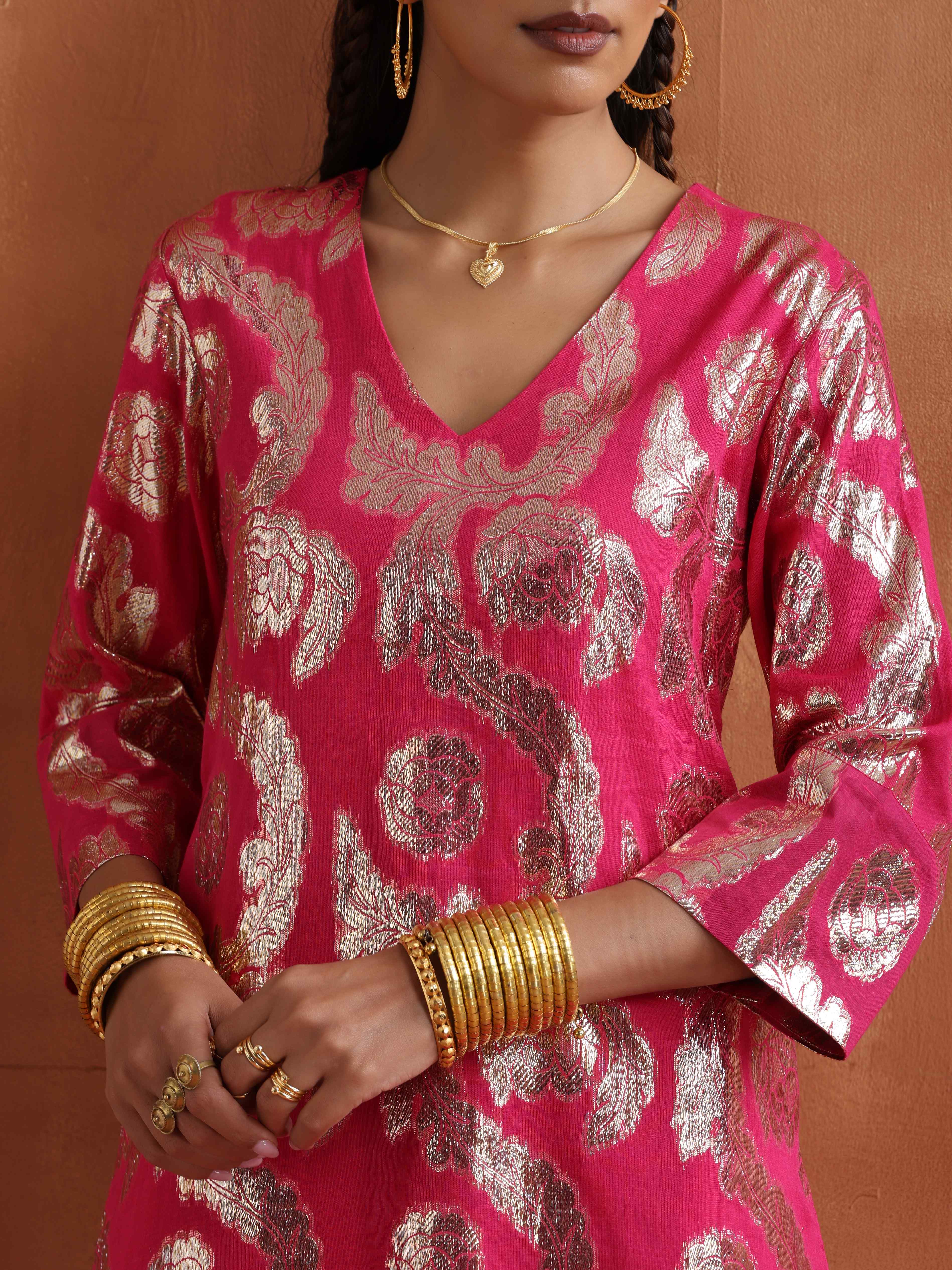 trueBrowns Pink Metallic Sharara Set - Distacart