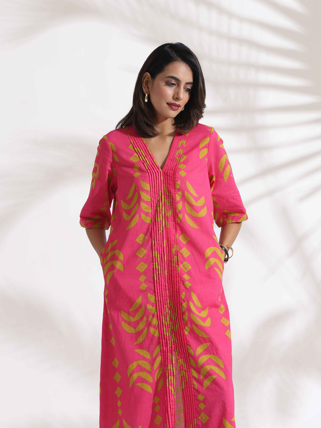 trueBrowns Pink Cotton Print pleated Dress - Distacart