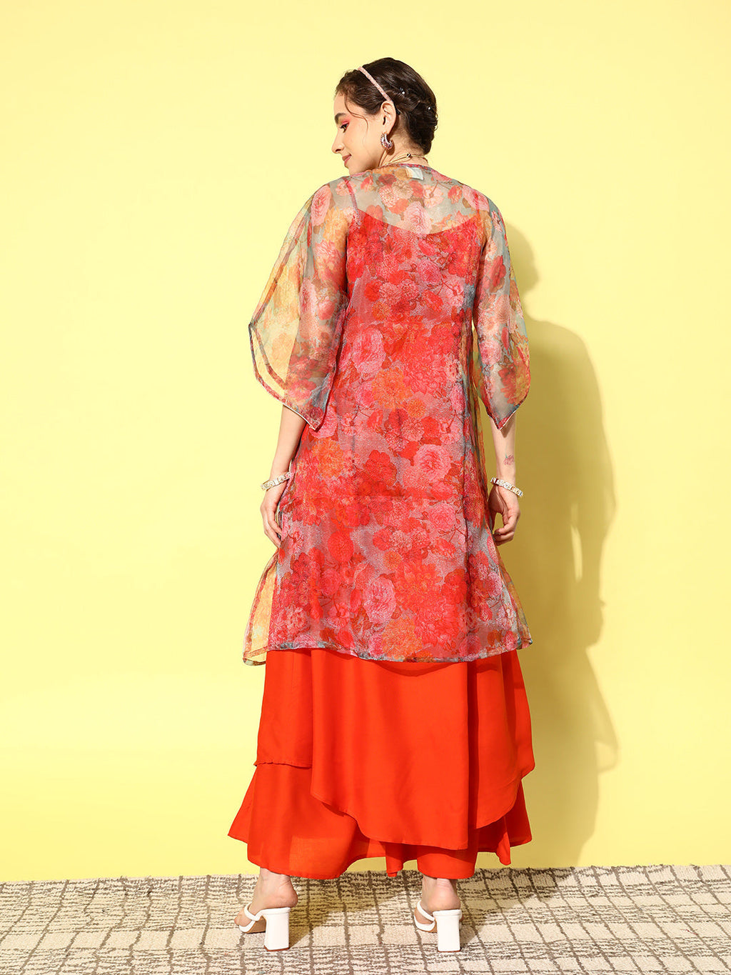 InWeave Women's Orange Strappy Set W Green Organza Cape