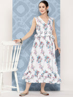 InWeave Women's White Floral Paisley Print Long Frill Dress - Distacart