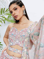House of Panchhi Green Chiffon Position Print With Sequins Embroidery Lehenga Choli & Dupatta