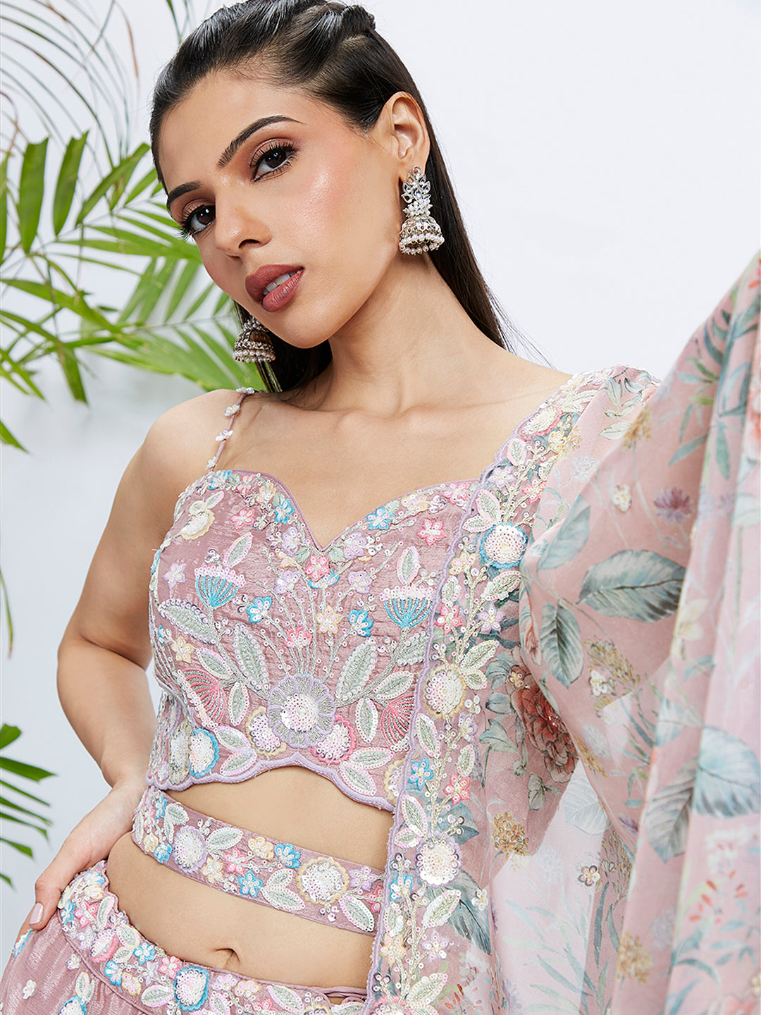 House of Panchhi Green Chiffon Position Print With Sequins Embroidery Lehenga Choli & Dupatta