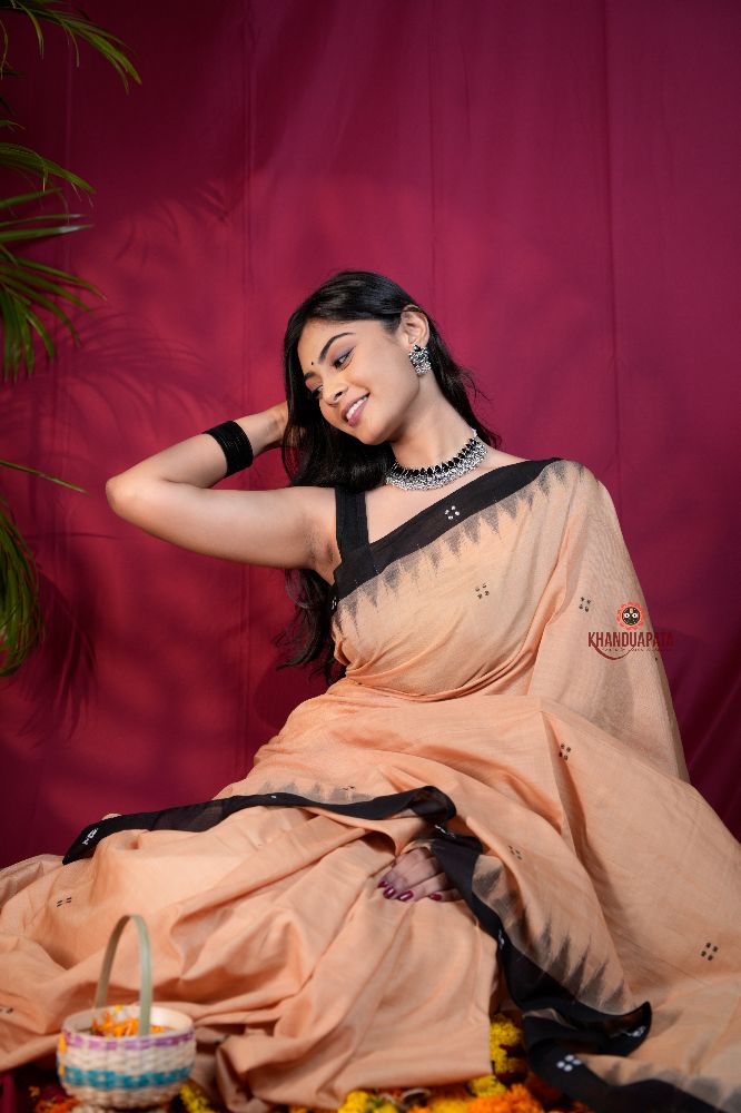 khanduapata Beige & Black Dot Design Cotton Saree For Women - Distacart