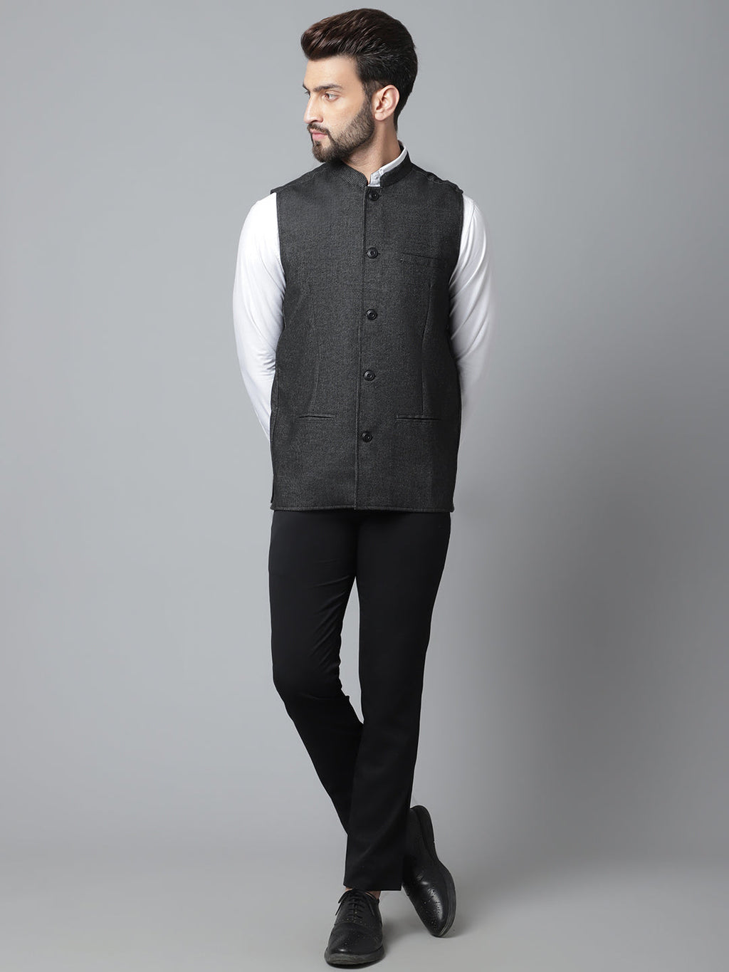 Even Apparels Men's Black Pure Wool Nehru Jacket