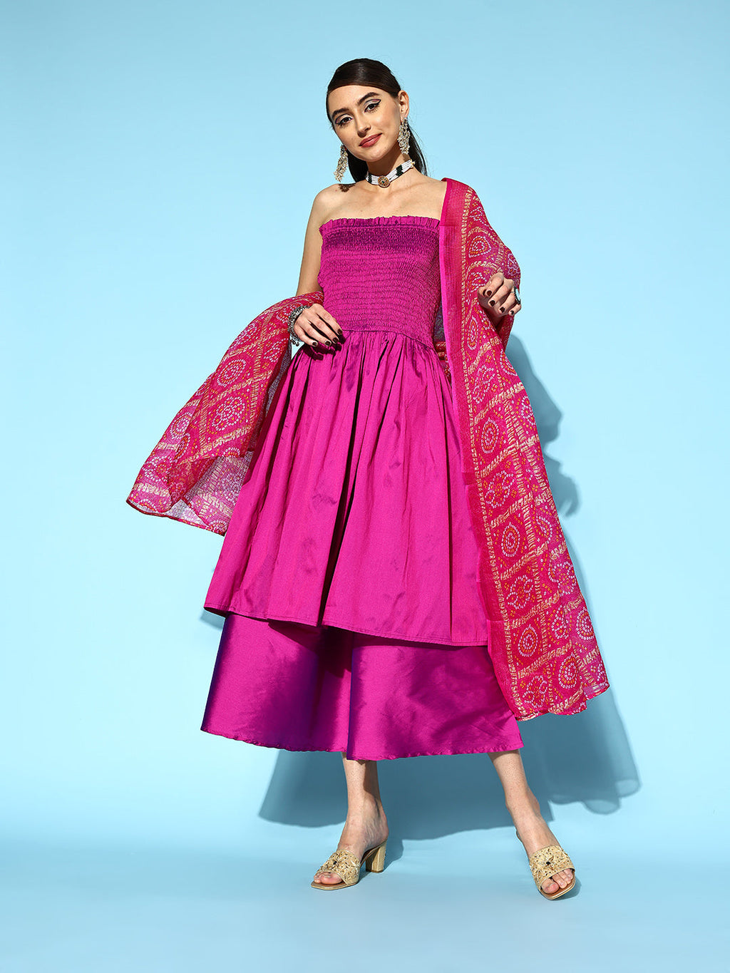 InWeave Purple Off Shoulder Silk Kurta Set -Pink Kota Bandhej Dupatta