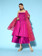 InWeave Purple Off Shoulder Silk Kurta Set -Pink Kota Bandhej Dupatta