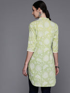 Ahalyaa Mandarin Collar Floral Printed Tunic with Lace Inserts Detail