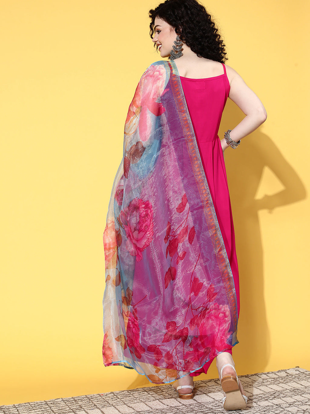 InWeave Strappy Set In Fuchsia With Blue Fuchsia Organza Dupatta - Distacart