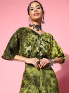 InWeave Women's Olive Tie And Dye New Neckline Top Culottes Set