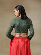 trueBrowns Dark Green Bandhani Printed Silk Full Sleeve Blouse