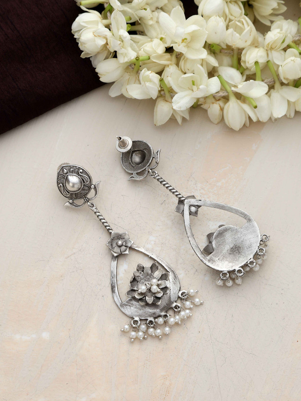 trueBrowns Silver Tone Floral Chandbaali Earrings - Distacart