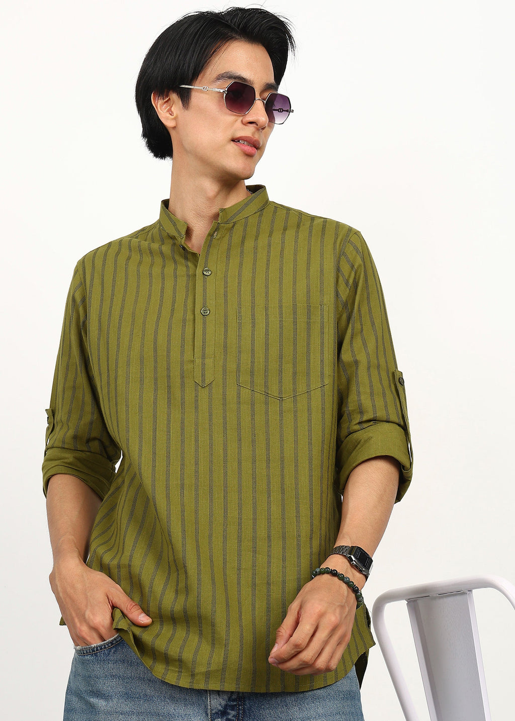 Fabmade Olive Stripe Linen Kurta